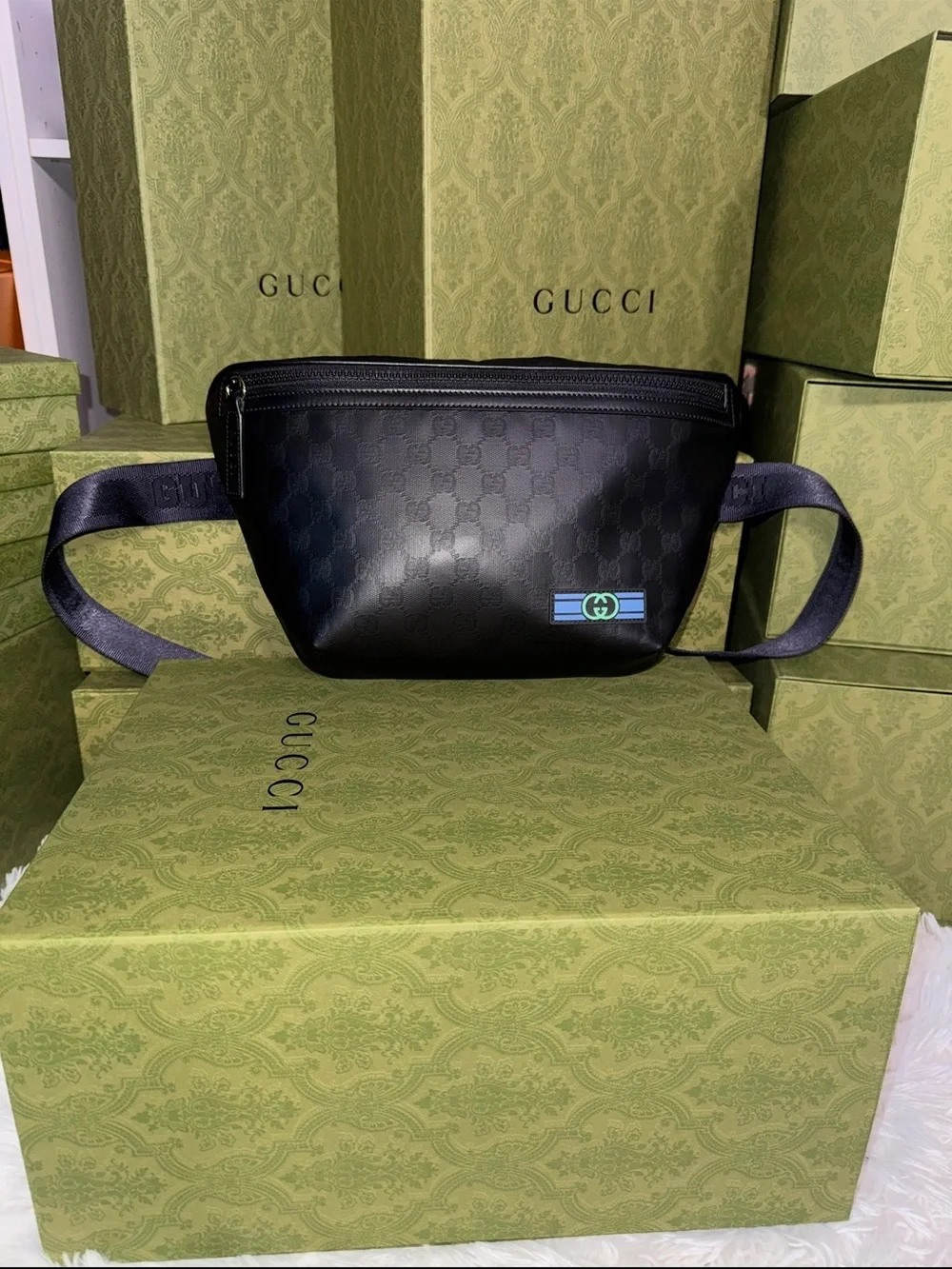 Gucci Black GG-Embossed Leather Belt Bag with Blue Accent